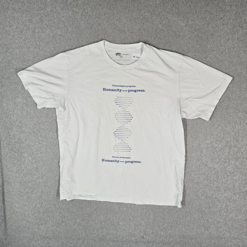 Uniqlo Men Shirt XL White Peace For All Shinya Yamanaka DNA Logo READ